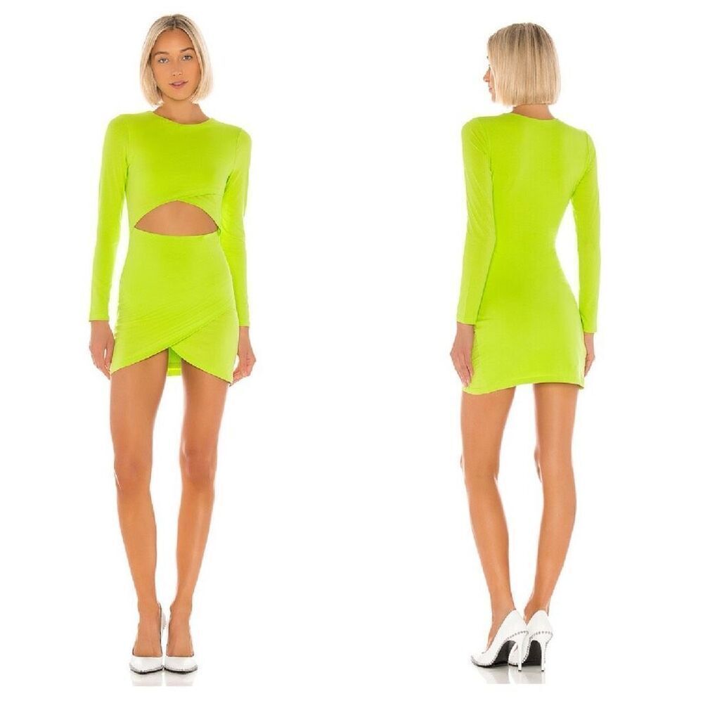 Superdown Kierra Mini Dress Neon Lime Long Sleeve Cut Out BodyCon S